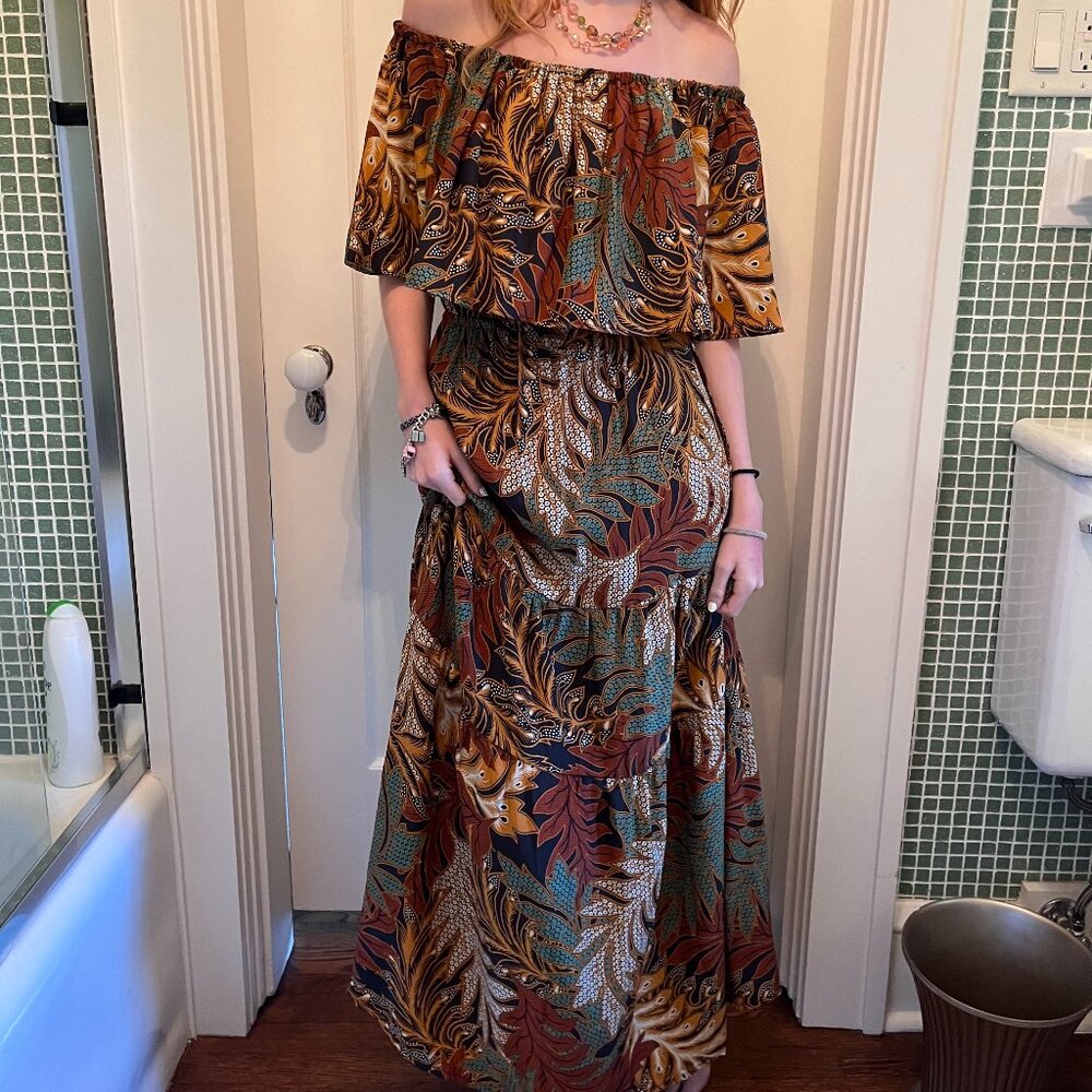 Natalie Martin Silk Jungle Print Off-Shoulder Maxi Dress, Size XS